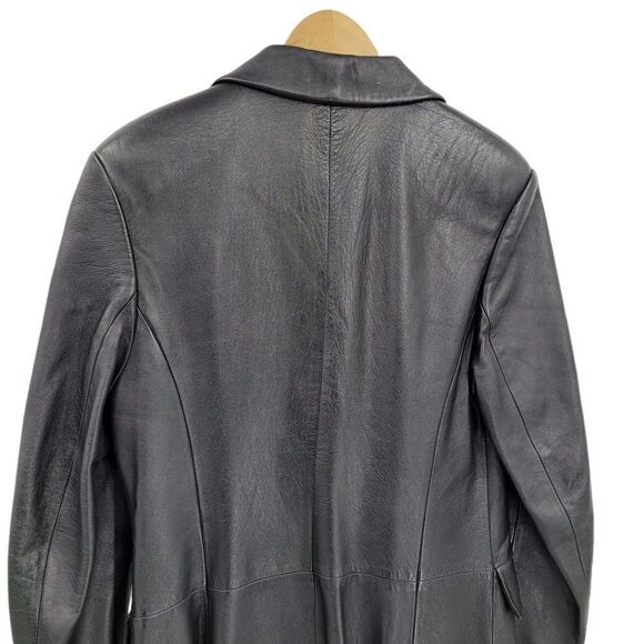 Vtg Trench Coat Faux Leather Wool Lined Longline Pockets Matrix Coplay Blk Sz S - Picture 10 of 11